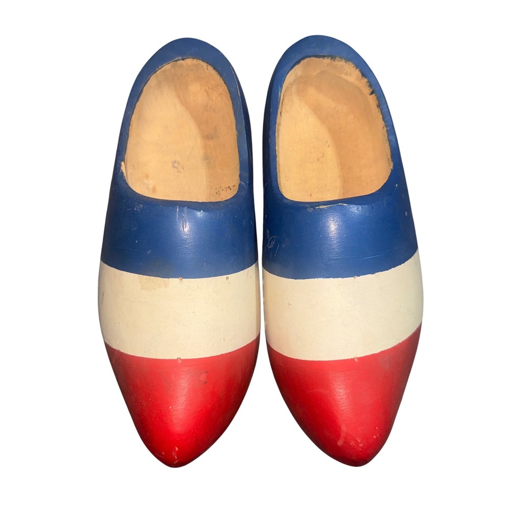 Vintage Wooden Dutch Style Clogs Red White Blue Folk Art Decor 9.5"